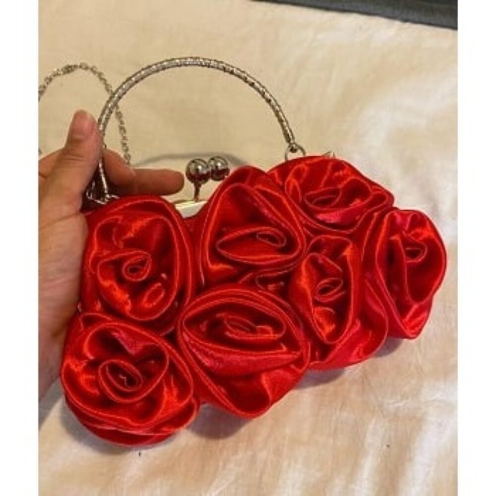 New Women Rose Shaped Clutch Soft Satin Wristlet Handbag Wedding Party Purse